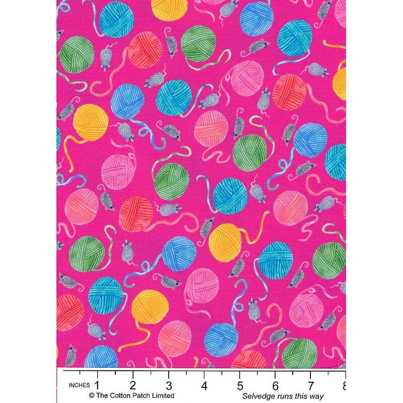 Whisker Wonderland fabric: Mice & Yarn, Fuchsia