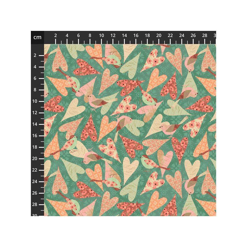 Poppy fabric: Hearts and Birds, Teal
