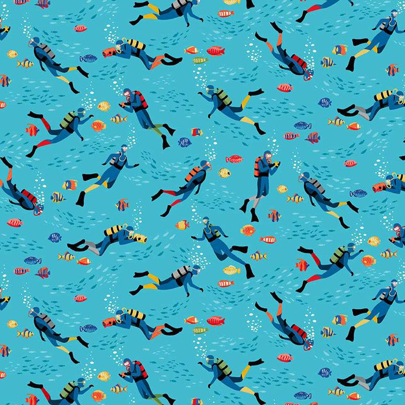 Deep Blue Sea Fabric: Divers, Light Blue