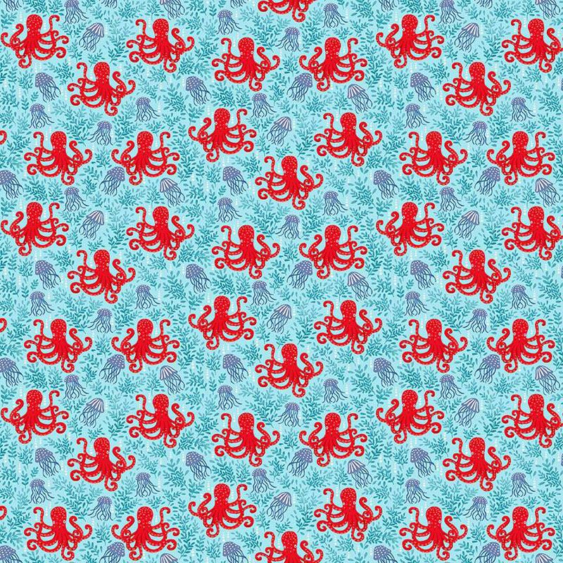Deep Blue Sea Fabric: Octopus, Light Blue