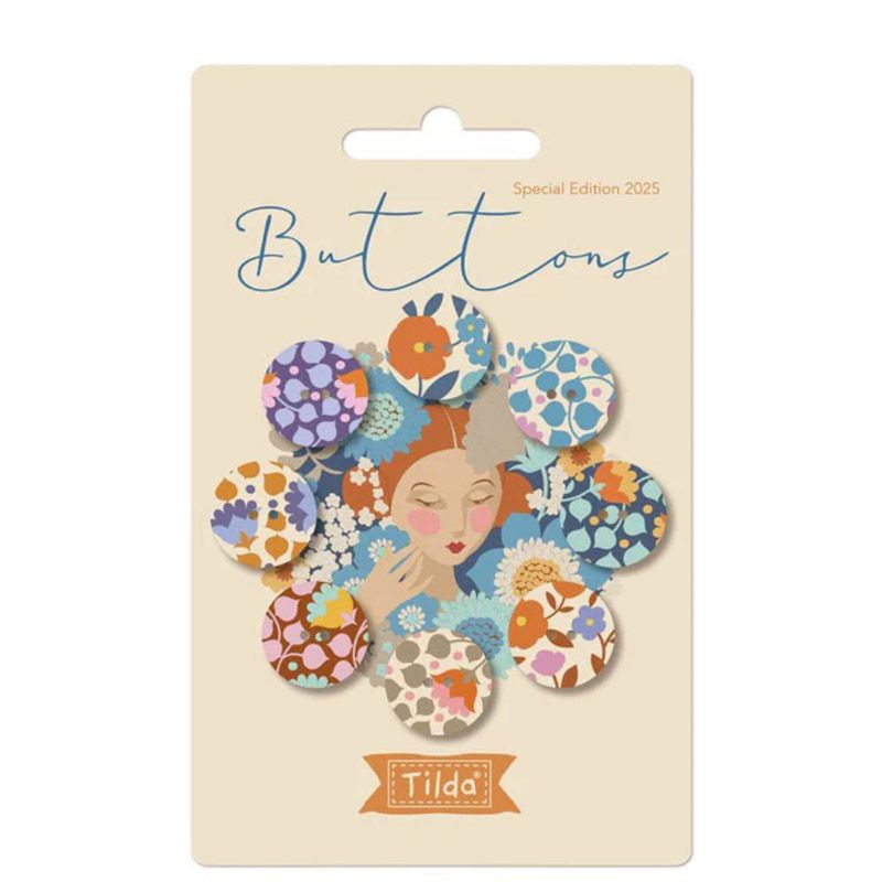 Tilda Wallflower Buttons: Fabric Covered: Blue/Thristle 16mm 8pcs Tilda Wallflower Buttons: Fabric Covered: Blue/Thristle 16mm 8pcs