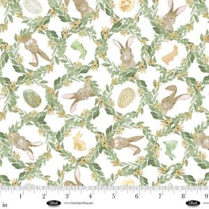 Spring Serenade Fabric: Leaf Lattice with Bunnies, White | 