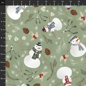 Glad Tidings We Bring Fabric: Snowmen, Light Green | 