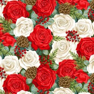 Classic Foliage fabric, Christmas Roses, Multi | 