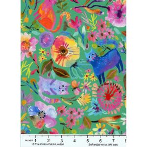 Whisker Wonderland fabric: Cats Floral, Jade |