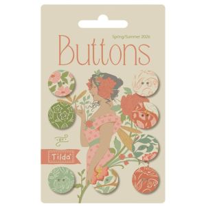 Tilda Songbird Buttons: Fabric Covered: 16mm, Coral/Green |
