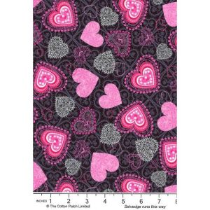 Heart and Soul fabrics: Pink & White Hearts on Black | 