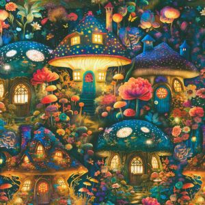 Night Fable fabric: Wild Mushroom Houses |