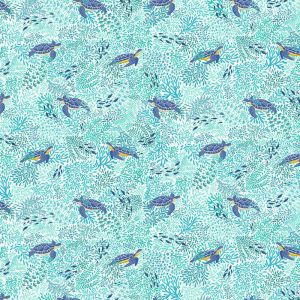 Deep Blue Sea Fabric: Turtles, White | 