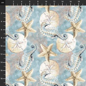 Ocean Oasis fabric: Sand Dollars & Seahorses, Light Blue | 