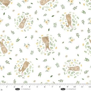 Spring Serenade Fabric: Bunnies in Round, White | 