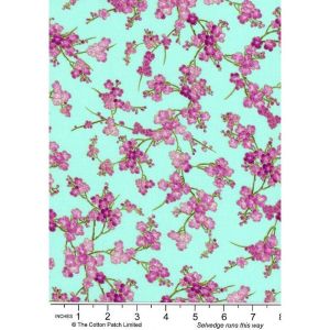 Modern Florals fabric: Cherry Blossom Metallic Branches on Aqua |