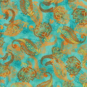 Golden Feathers fabric: Paisley Flowers and Feathers, Aqua |