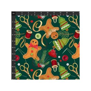 Glad Tidings Fabric: Sewing and Christmas Toss on Green | 