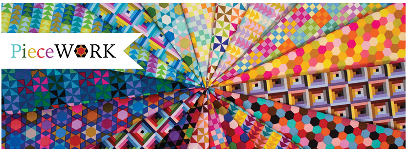 Colourful fabrics depicting patchwork blocks, stars, log cabin, hexagons, flying geese from Anna Maria Textiles' Piecework fabric range