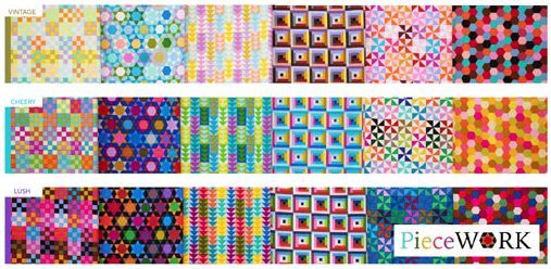Colourful fabrics depicting patchwork blocks, stars, log cabin, hexagons, flying geese from Anna Maria Textiles' Piecework fabric range