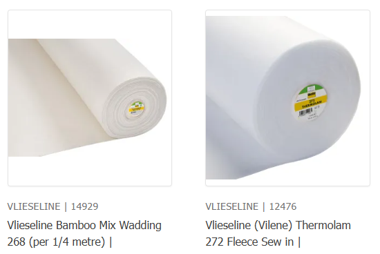 images of rolls of Bamboo and Thermolam Vlieseline wadding