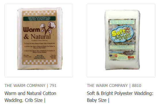 Picture of a pack of Warm and Natural cotton wadding and Soft and Bright Polyester wadding