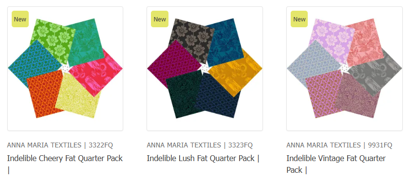 An image of 3 fat quarter packs in the Anna Maria Textiles Indelible range